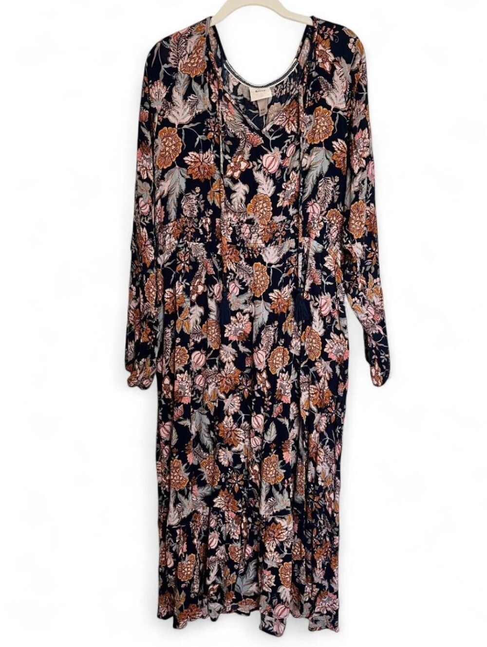Knox Rose Navy Long-Sleeve Floral Midi Dress with Pink and Brown Accents